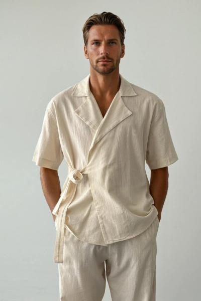 Elvis Premium Önden Bağmalı Linen Takım Krem