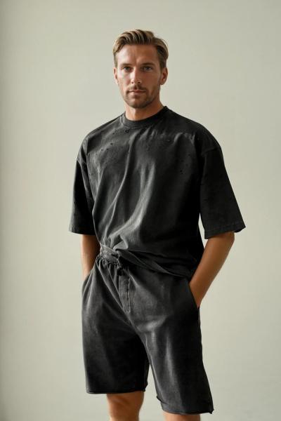 Frank Yıkamalı Yırtık Detaylı Oversize T-shirt  Antrasit
