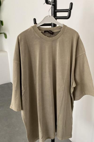 Gabriel Yaka Yırtık Detay Yıkamalı Oversize T-shirt Bej