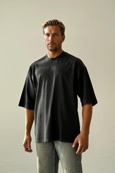 Gabriel Yaka Yırtık Detay Yıkamalı Oversize T-shirt Antrasit