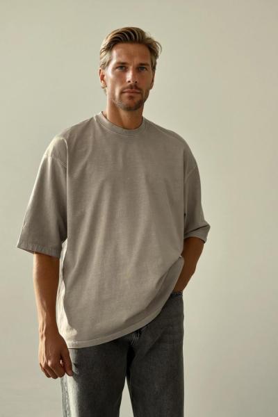 Gabriel Yaka Yırtık Detay Yıkamalı Oversize T-shirt Gri
