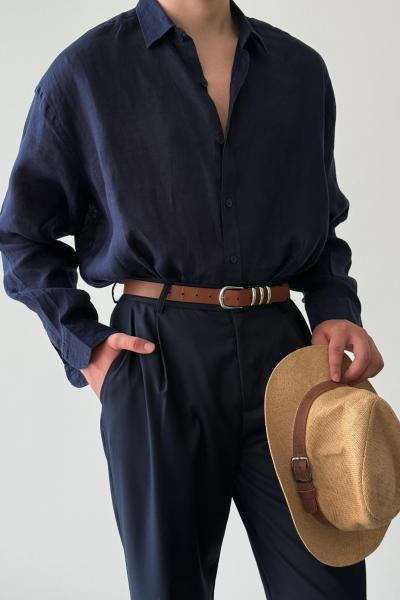 Aaron Oversize Linen Gömlek Lacivert